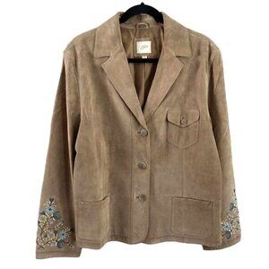 J. Jill Genuine Leather Embroidered Floral Sleeve Button Blazer Jacket, Sz XL